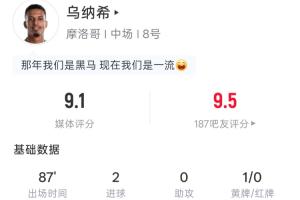 乌纳希全场表现卓越：射中2球，得分9.5