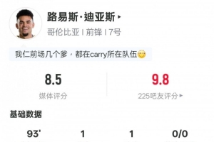路易斯·迪亚斯此役表现：助攻得分+1次封堵2次突破成功2次关键传球，评分8.5