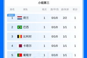 前八名晋级！小组第三名：荷兰、巴西、比利时、葡萄牙、西班牙位列前八